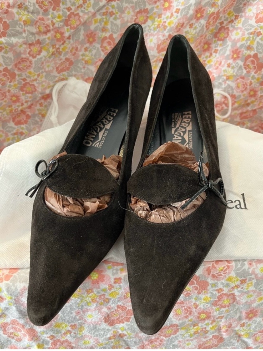 Salvatore Ferragamo Brigida Dark Brown Suede Pointed-Toe kitten heel with Bow